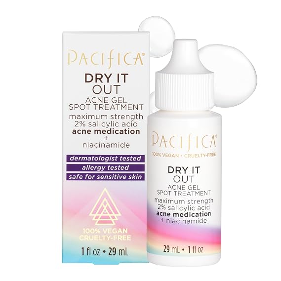 Pacifica Acne Spot Treatment & Pimple Cream Dry It Out Gel with 2% Salicylic Acid, Witch Hazel, Niacinamide Dries Blemishes Overnight, Fights Breakouts & Redness, For Teens & Adults, Vegan Clean