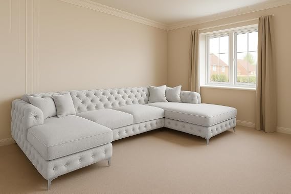 Sofaya Bella U Shaped Chesterfield Sofa Full Back Sectional Chaise Sofa with Deep Button Tufting – Upholstered Fabric Couch with Cushions - 6-Seater Sofa for Living Rooms (Light Grey, Fabric Sample)