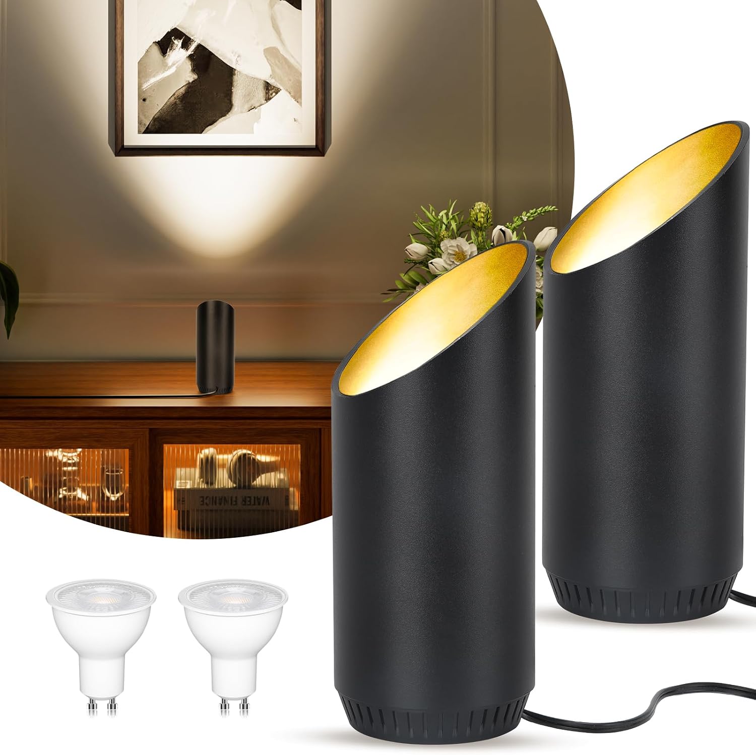LED Floor Uplighter & Spot Lights Indoor with Warm White 3000K, Indoor Uplight Spot for Living Room, Table Lamps & Uplighters for Living Room (2 Pack Black) [Energy Class F]