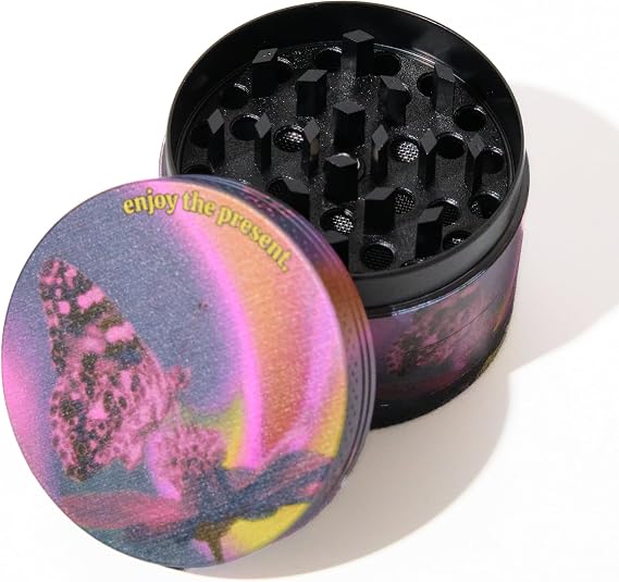 Butterfly Aura Custom Printed 4 Part Metal Herb Grinder for Spices with Pollen Scraper and Micron Screen 50mm