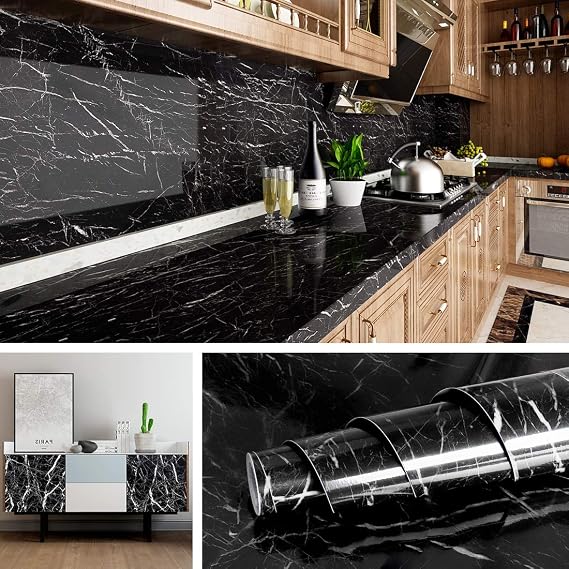 Livelynine Black Marble Wallpaper Peel and Stick Kitchen Counter Top Covers Black Contact Paper for Countertops Waterproof Laminate Renter Friendly Countertop Vinyl Wrap Marble Table Desk 15.8x78.8