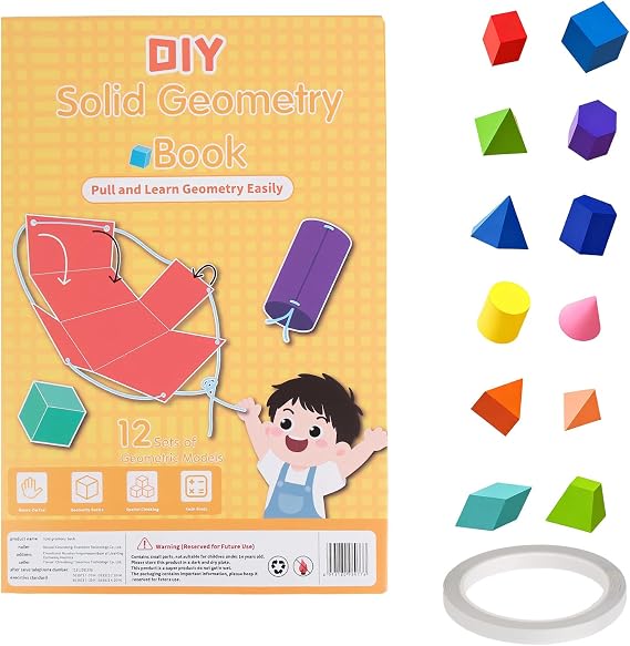 Pull String 3D Geometry Lernbuch - 3D Geometry Learning Book Kinder Lehren Volumen & Oberfläche Formeln Spielzeug Geometriebuch Schulmaterial Geometrie Learning (12 sets)