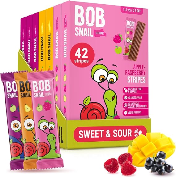 Bob Snail Fruit Leather Stripes, Mix Flavors 42 Bars (Pack of 7, 588g)
