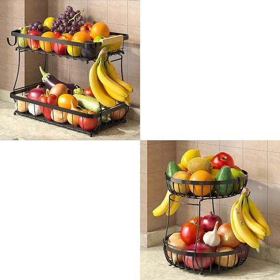 Sevenblue 2 Set Fruit Basket for Kitchen Counter with 2 Banana Hangers,Detachable Metal Fruit Bowl for Bread Snack Veggies, Black