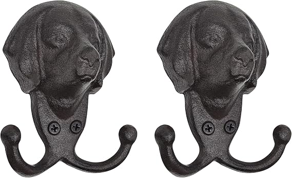 Cast Iron Wall Hooks - Rustic Dog Head Leash Holder, Wall Mount Coat Hooks, Heavy Duty Double Key Hook, Decorative Vintage Hanger for Entryway, Mudroom, Farmhouse Animal Decor 2 Pack