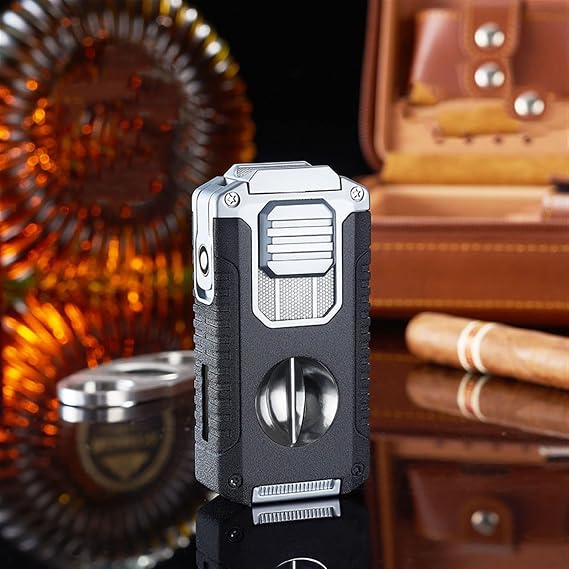 Multifunctional Lighter, Cigar Lighter, Adjustable Flame Size Lighter, Rechargeable Butane Lighter, Portable Metal Lighter, Windproof Triple Flame Lighter for Cigars, Campfire, Men's Gift(B)