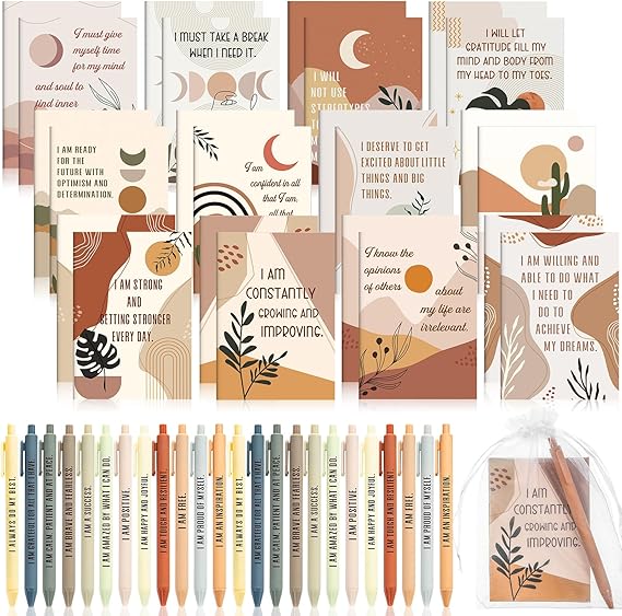 Mooliwe 24 Set/48 Pcs Positive Affirmation Gift Set Gratitude Notebooks with Pens Small Bags Motivational Encouragement Notepads Daily Affirmations Journal for Women Stress Relief Self Care (Rainbow)