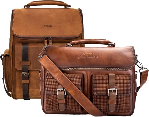 VELEZ Top Grain Leather Backpack for Men Brown Designer Bookbag Business Casual Shoulder Bag + Mens Messenger Laptop Bag travel Briefcase Computer Bags