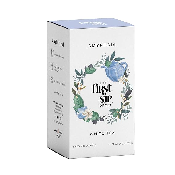 Ambrosia White Tea, Pyramid Sachet Tea Bags, Pai Mu Tan Fruity, Low-Caffeine, Antioxidant-Rich - 16 Cups | The Spice Hut, First Sip Of Tea