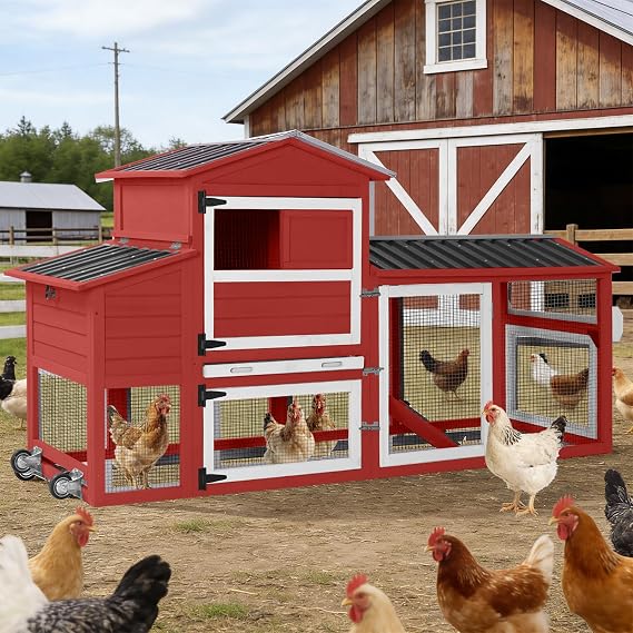 GUTINNEEN Large Chicken Coop with Run for 46 Chickens, Mobile Chicken Coop with Wheels, Wooden Hen House with 2 Nesting Boxes, Pull-Out Tray, Waterproof Roof, Outdoor Poultry Cage for Backyard-Red