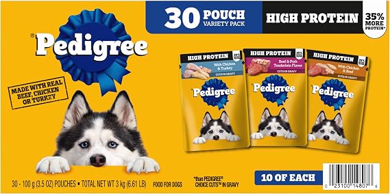 Pedigree High Protein Wet Dog Food Pouches, Variety Pack, 3.5 oz, 30 Count | 35% more protein than Choice Cuts in Gravy, real beef/chicken/turkey, steam cooked, 100% complete & balanced