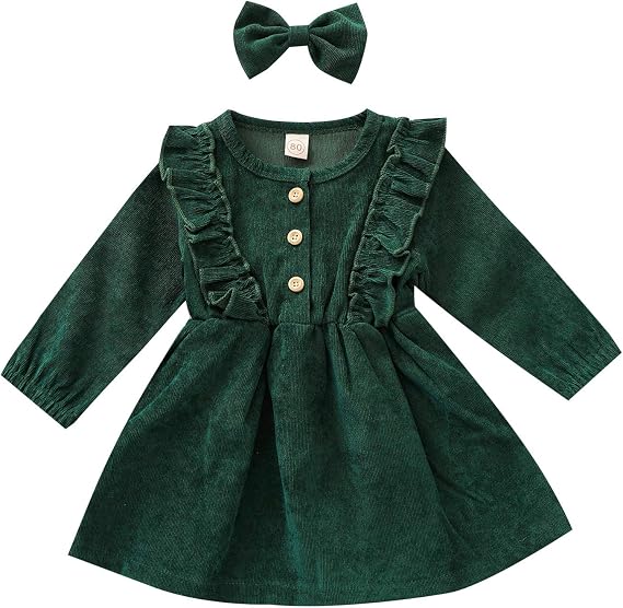 Karuedoo Kids Toddler Baby Girl Corduroy Ruffle Long Sleeve Dress Princess Party Dress Fall Winter Skirt Outfit