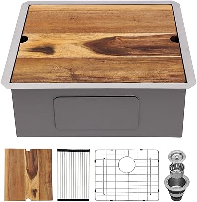 Bar Sink Undermount Workstation - 21 x 19 Undermount Bar Sink Stainless Steel Ledge Workstation Full Cover Under Counter Single Bowl RV Bar Camper Kitchen Sinks Basin