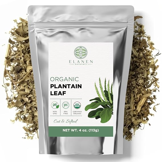 Elanen Naturals Organic Plantain Leaf 4 oz. (113g), USDA Certified Organic Dried Broadleaf Plantain Tea, Dried Plaintain Herb, Cut & Sifted