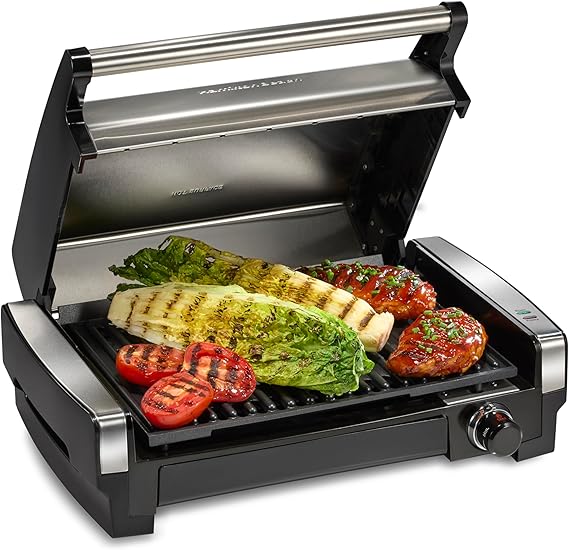 Hamilton Beach Electric Indoor Searing Grill with Adjustable Temperature Control to 450F, 118 sq. in. Surface Serves 6, PFAS-Free Removable Nonstick Grate, Stainless Steel (25360) | Adjustable Temperature Control To 450F | 118 sq. in. PFAS-Free Removable Non-Stick Cooking Surface | Stainless Steel