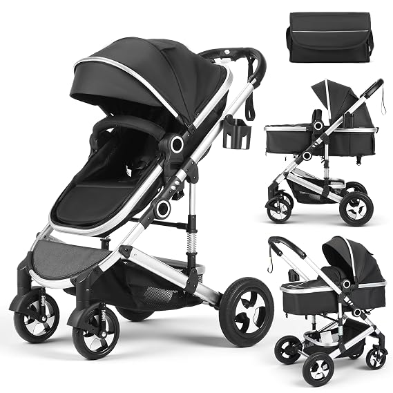 Kinder King 2 in 1 Convertible Baby Stroller, Diaper Bag, Black | Folding High Landscape Infant Carriage, Newborn Reversible Pram, Anti-Shock Toddler Pushchair Stroller, Gift, 0-36 Months