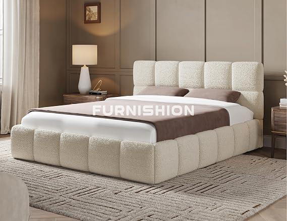 Luxury Cloud Teddy Boucle King Size Bed Frame 5ft, Modern Teddy Boucle Upholstered Design, Luxury King Size Beds for Stylish Bedrooms, Strong 5ft Bed Frame with Wooden Slats in Ivory Boucle