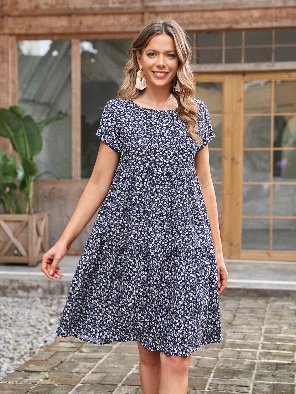 Fall Dresses for Women 2023 Ditsy Floral Batwing Sleeve Dress Dresses for Women Color : Blue and White, Size : Medium