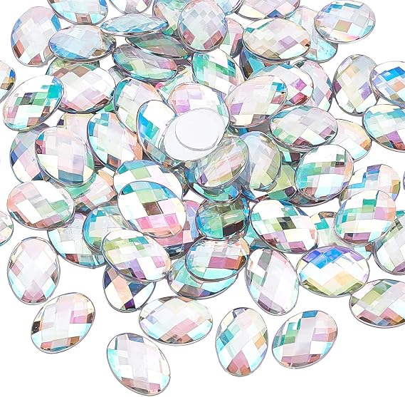 FINGERINSPIRE 80 Pcs 25x18mm Extral Large Flat Back Oval AB Color Acrylic Self-Adhesive Rhinestone Gems Stick with Container Crystals Bling Sticker Acrylic Jewels for Costume Making Cosplay