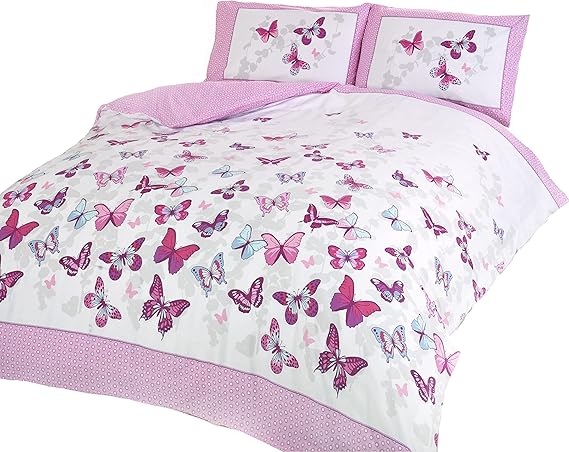 Rapport Home Furnishing Pink Butterfly Single Duvet Cover Set | Reversible Easy Care Polycotton Bedding with 1 Pillowcase - 135x200cm, Twin