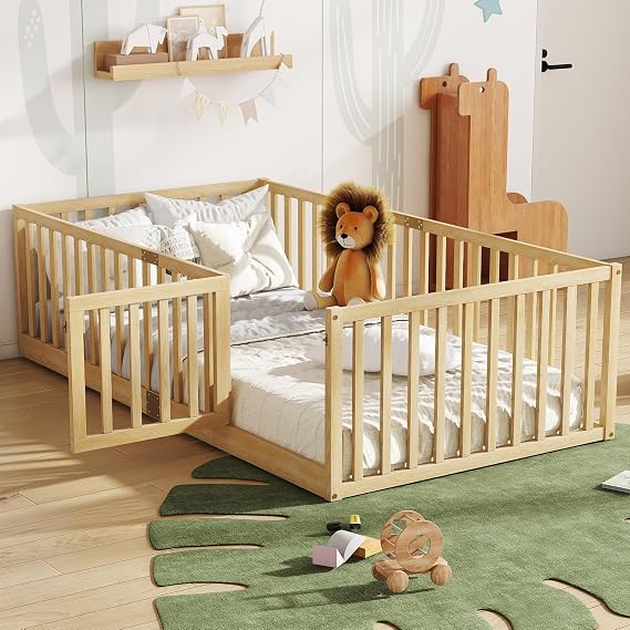 Bellemave Twin Size Floor Bed with Slats and Door, Twin Size Montessori Floor Bed with Rails, Easy Assemble Montessori Beds Frame for Bedroom, Natural