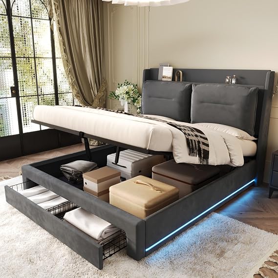 King Bed with Storage, Velvet Upholstered Frame, LED Lights, Hydraulic System, Modern Design with Drawers, Dark Gray