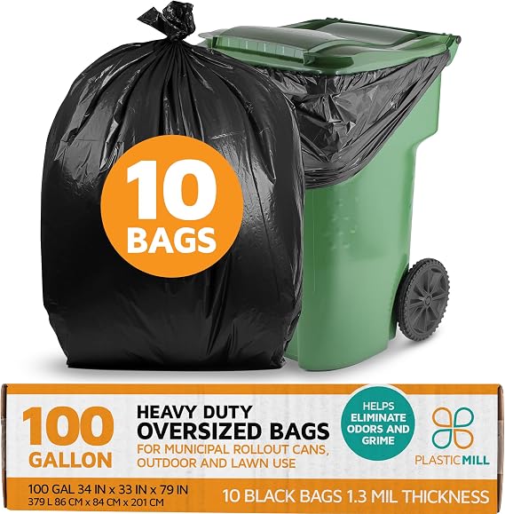 PlasticMill 100 Gallon Garbage Bags: Black, 1.3 Mil, 67x79, 10 Bags.