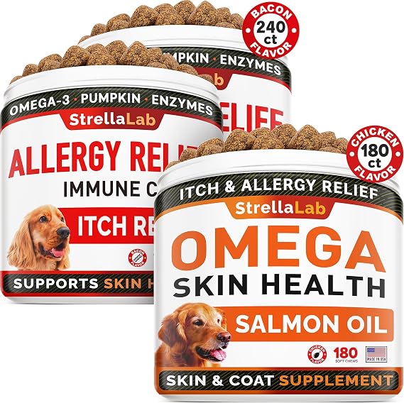 STRELLALAB Allergy Relief 2 Packs 240ct + Omega 3 180ct for Dogs Bundle - Itchy Skin Treatment + Skin&Coat Supplement - Omega 3 & Pumpkin - Allergy Chews & Anti Itch Support Supplement - Made in USA