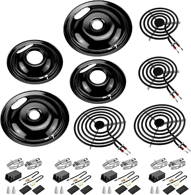 MP22YA Electric Stove Burner Element with 330031 Range Burner Receptacle Kit and W10290350 W10290353 Black Porcelain Burner Drip Pans Replacement for Ama-na Whirl-pool Electric Range by Fetechmate
