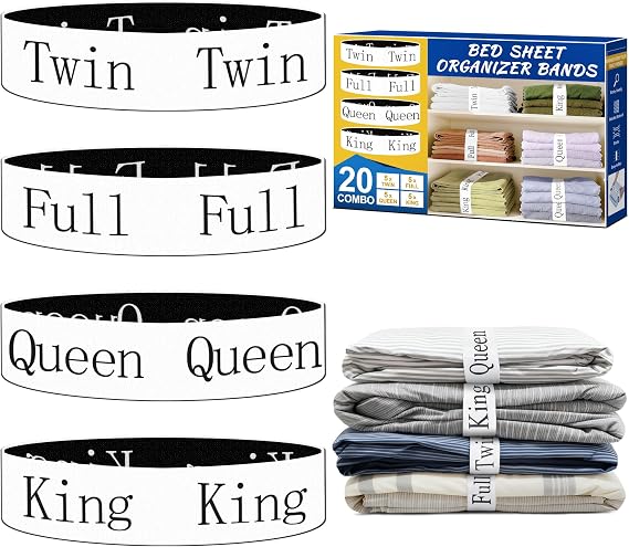 20 Pack Elastic Bed Sheet Organizer Bands with Size Labels,Elastic Bedding Band Labels for Organizing Bed Sheets with Assorted Sizes