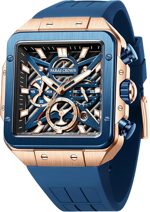 Paras Crown Watches for Men Tonneau 5ATM Waterproof Quartz Luxury Chronograph Analog Men's Wrist Watches Stainless Steel Case Mens Watches