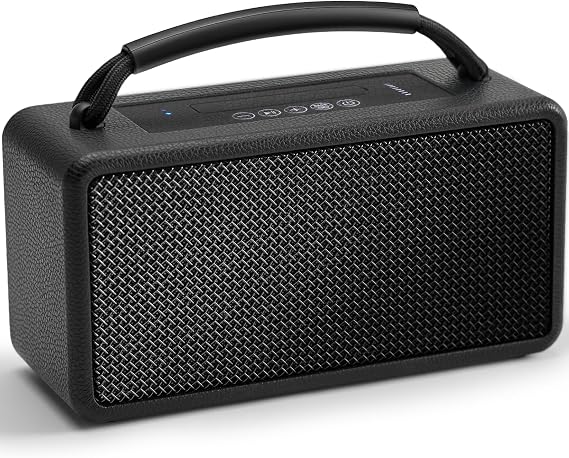 DINDIN Portable Bluetooth Speaker: 80W (Peak), 20H Playtime, Loud Wireless Wood Speakers with Bass, AUX and USB Input, Subwoofer, TWS Pairing, Vintage Speaker for Outdoor, Home, Office (Black)
