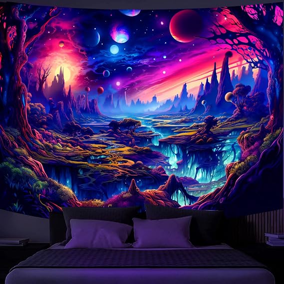 Simpkeely Fantasy Planet Tapestry, Blacklight Forest Natural Landscape Retro Aesthetic Wall Hanging, UV Reactive Sunset Trees Tapestries for Bedroom, Living Room - 150 x 200cm