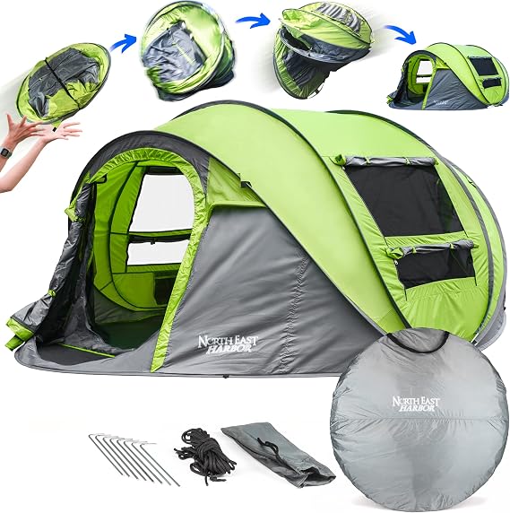 4 Person Easy Pop Up Tent Water-Resistant Lightweight Portable Camping Instant Tent Quick Automatic Setup, with Porch Ideal for Camping, Backpacking, Hiking, Traveling, Beach, Festival