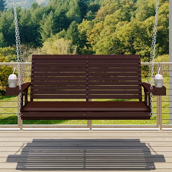 Real Relax Front Porch Swing, Wooden 2-Seater Outdoor Swing Bench with Cupholders, Hanging Chains, Heavy Duty 880 Lbs, Deep Seat and High Backrest for Outside, Backyard, Garden, 4 FT (Brown)