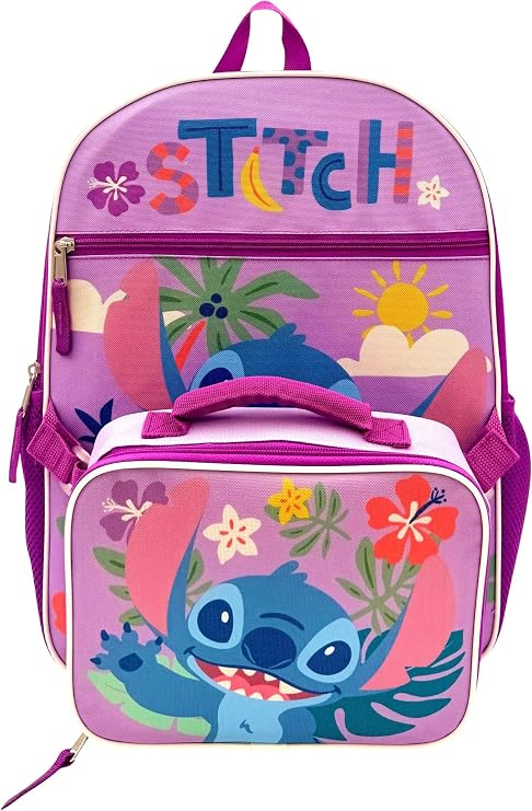 Disney Stitch 16" Backpack With Removable Lunch Box Set - 2 Piece Book Bag And Insulated Lunch Box Bundle