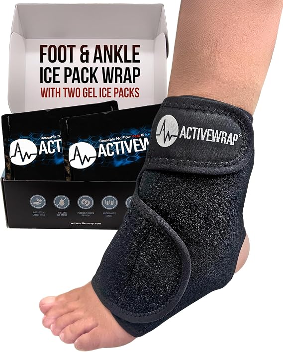 ActiveWrap Foot and Ankle Ice Pack Wrap & Heat Wrap, Large/X-Large Includes 2 Ultra Flex Gel Ice Packs for Injuries Reusable Hot & Cold Therapy for Targeted Foot Pain Relief, Sprained Ankle & Heel