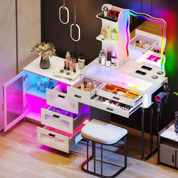 Lvifur Large Vanity Desk with Mirror & RGB Lights & Chair, 8 Drawers, White
