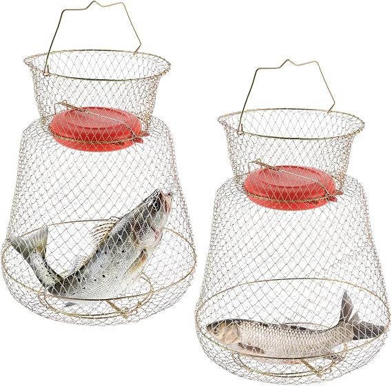Floatable Galvanized Steel Wire Fish Baskets, Collapsible Floatable Wire Fish Baskets,Portable Fishing Basket Fishing Net Cage (2 Pack)
