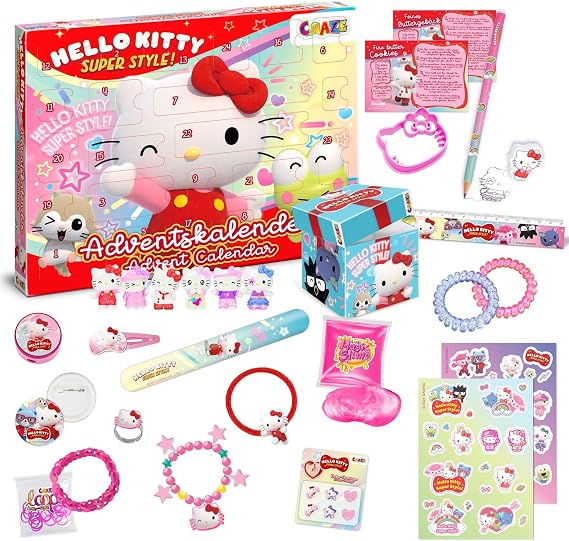 CRAZE Hello Kitty Advent Calendar 2026 – 24 Surprise Toys with Figures, Jewellery, Hair Accessories & Slap Bands – Girls Toy Xmas Countdown Calendar