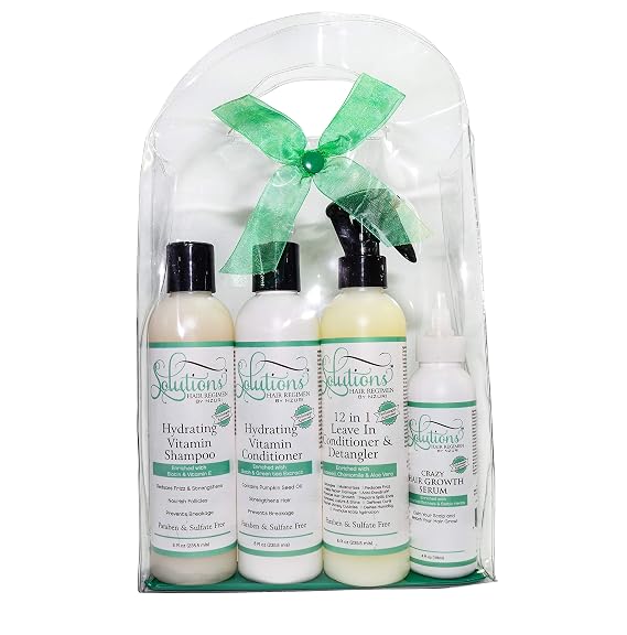Nzuri Solutions Hair Regimen Hydrating Shampoo 8oz, Hydrating Vitamin Conditioner 8oz, 12 in 1 Leave in Conditioner and Detangler 8oz, Crazy Hair Growth Serum Essential 4oz. Alopecia Hair Care Kit