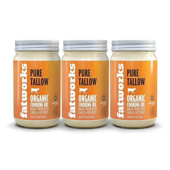 Fatworks Organic Grass-Fed Beef Tallow, Organic Cooking Oil, 14 oz (3 Pack) | Certified Organic, Non-GMO, Pasture-Raised, KETO Friendly