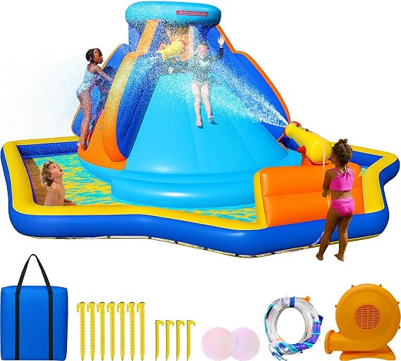Sportspower Battle Ridge Inflatable Water Slide Bounce House with Climbing Wall, Water Cannons & Splash Pool, ASTM Certified, Outdoor Water Park for Kids, 450W Blower