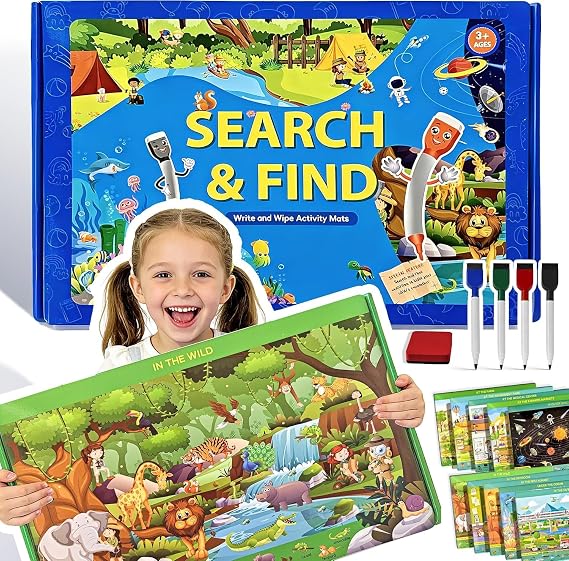 Giant Reusable Search and Find Books for Kids 3-5 with 4 Dry-Eraser Markers & Stickers, Hidden Pictures Book Ages 3-6, Search and Find Books for Kids 3-5, Hidden Pictures Book Ages 3-6