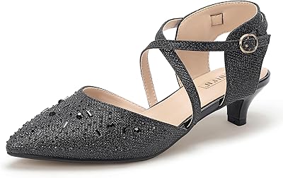 IDIFU IN2 Womens Pumps Closed Toe Low Heel Dress Shoes for Women Pointed Toe Kitten Heels Comfortable Casual Sparkly Rhinestone Wedding Bridal Formal Work Office Prom Party Strappy Ankle Strap Heels