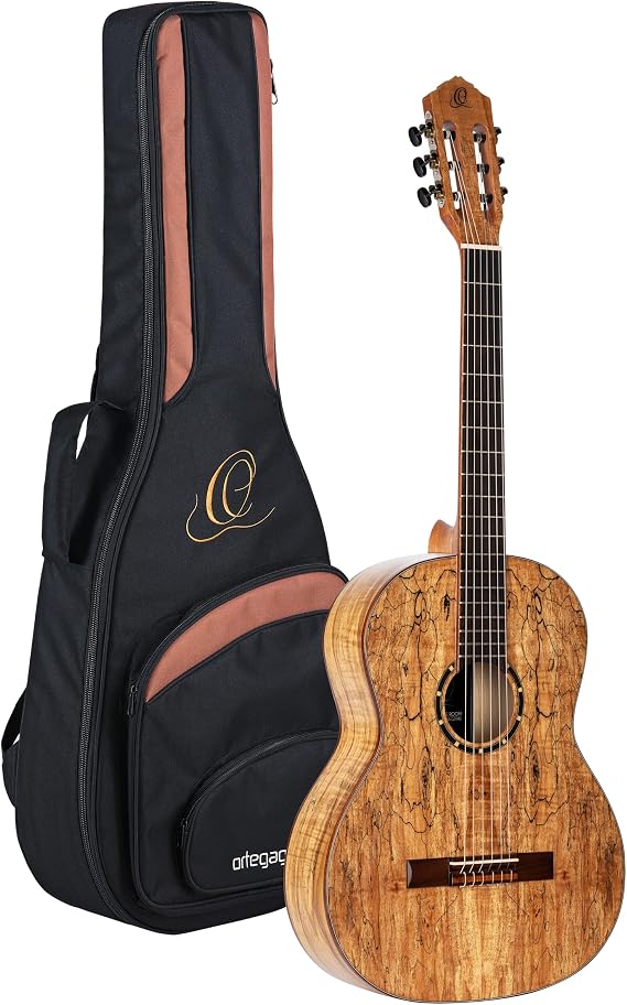 Ortega Guitars 6 String Private Room Spalted Maple Suite Solid Top Slim Neck Nylon Classical Guitar w/Bag, Right (RSM-REISSUE)