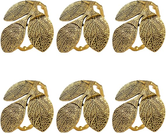 Gold Leaves Napkin Rings Set of 6 - Metal Vintage Leaf Napkin Ring Holders for Birthday Wedding Party, Banquet and Daily Use, a Beautiful complement to Your Dinner Table Decor (Antique Golden)