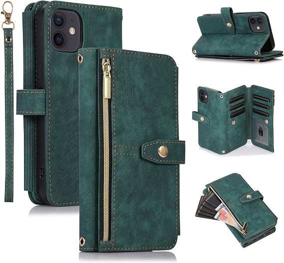 UEEBAI Case for iPhone 11 6.1 inch, 9 Card Slots Retro Leather Wallet Shockproof Flip Cover with Hand Strap Card Slots Zipper Pocket Kickstand Handbag Magnetic Closure - Retro Green