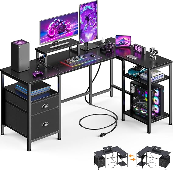 Furologee 50 Inch L Shaped Gaming Desk with Power Outlet and Drawers, Black