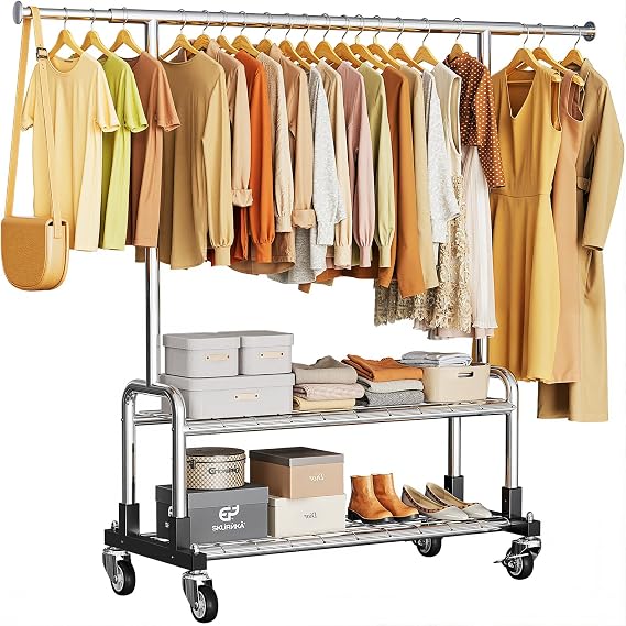 Luxspire Rolling Heavy Duty Clothes Rack with 2 Sturdy Shelves Load 600 LBS